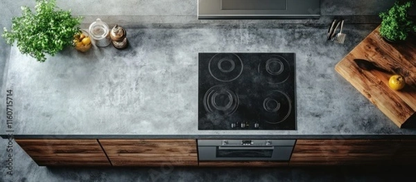 Fototapeta Modern Kitchen Design: Top-Down View of Sleek Induction Cooktop and Rustic Wood Cabinets