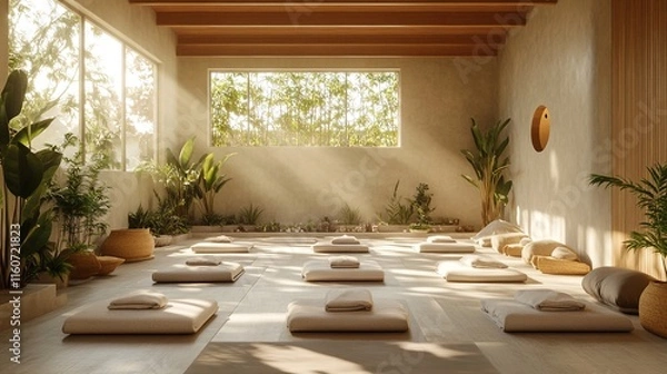 Fototapeta meditation room with floor cushions and pillows arranged in a circle.