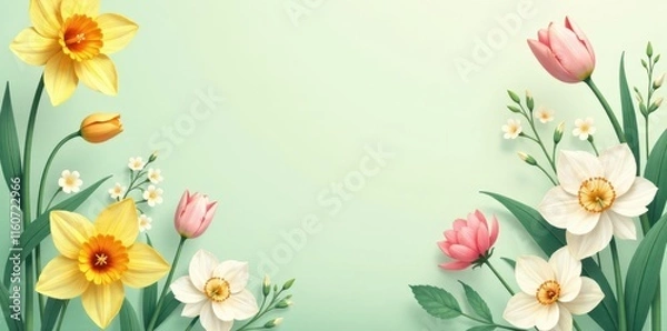 Fototapeta Springtime Floral Border Featuring Daffodils and Tulips on a Pale Green Background