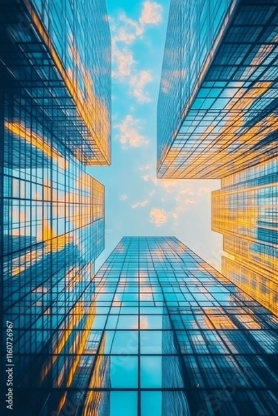 Obraz Bottom view of modern skyscrapers in business district against blue sky, Generative AI
