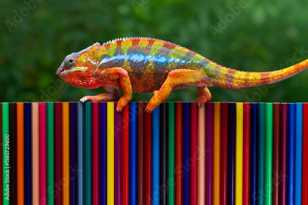 Fototapeta Chameleon panther tries to camouflage on colored pencils, Beautiful of chameleon panther, The panther chameleon changes its skin color on colored pencils