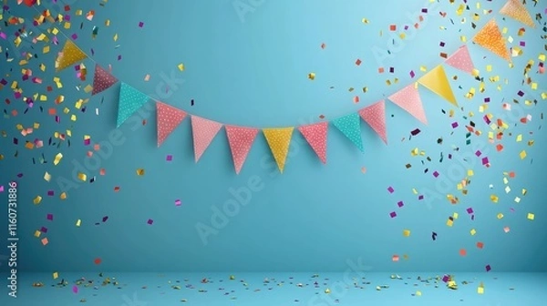 Fototapeta Festive birthday banner with colorful flags and falling confetti on a plain background