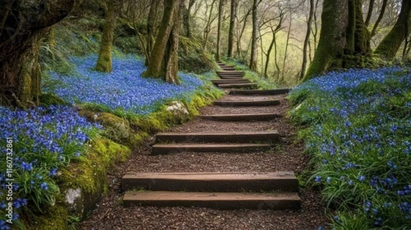 Obraz Wooden steps ascending through a bluebell-filled forest.