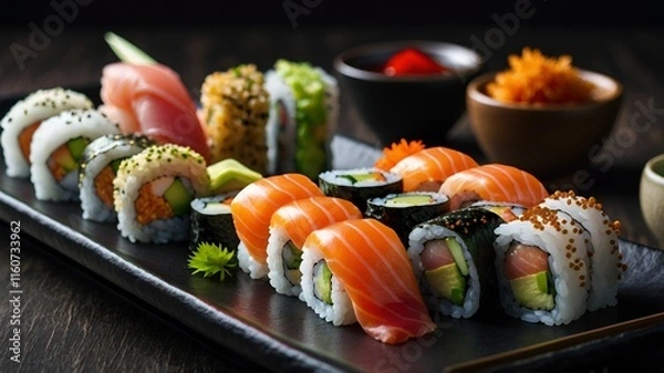 Obraz Sushi Rolls and Sashimi with Wasabi and Sesame Seeds
