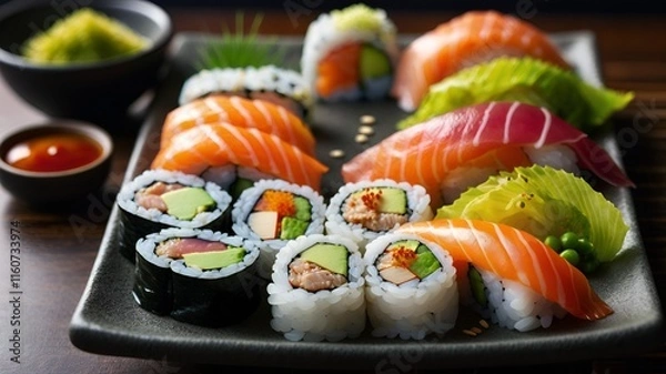 Obraz Fresh Sushi Rolls and Sashimi Platter with Wasabi and Ginger
