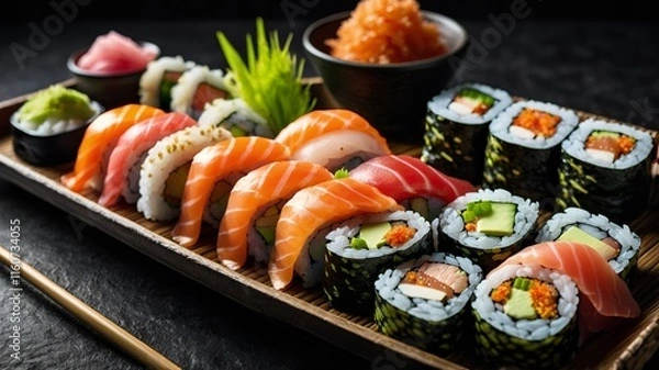 Obraz Fresh Sushi Rolls and Sashimi Platter with Wasabi and Ginger
