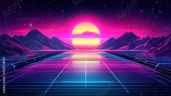 Obraz Retro futuristic landscape with vibrant sunset, mountains, and reflective surface.