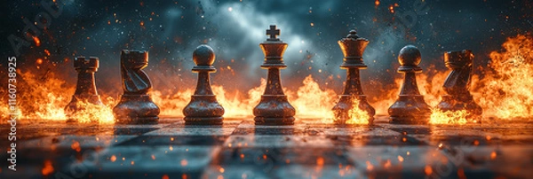Fototapeta A surreal depiction of war as chess pieces battling on a board with glowing explosions,