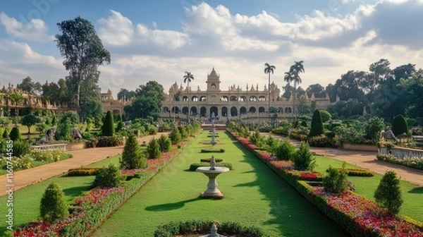 Fototapeta Majestic palace garden with symmetrical flowerbeds, fountains, and pathways.
