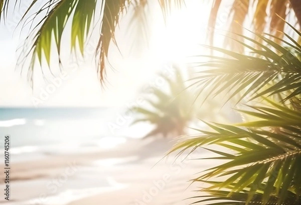 Fototapeta Blurred Tropical Beach Background with Palm Leaves and Ocean View