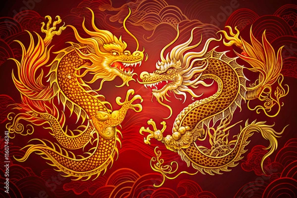 Fototapeta two golden dragons on a red background