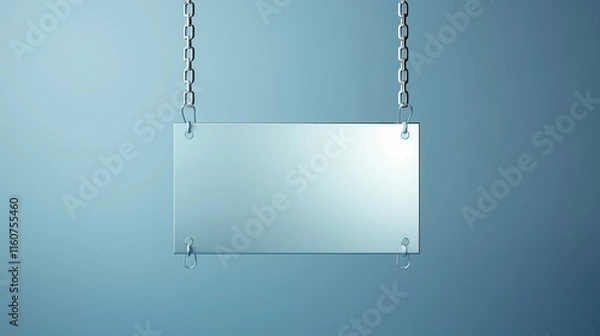 Fototapeta Metallic blank sign with chain, hanging isolated on a gradient blue background.