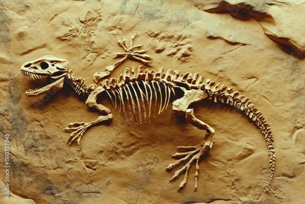 Fototapeta A fossilized dinosaur skeleton embedded in rock, showcasing paleontological discovery.