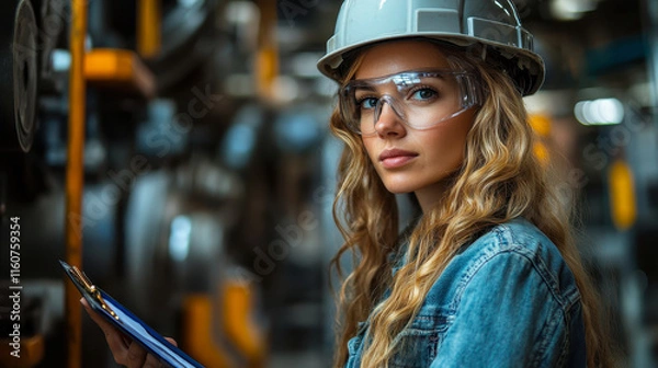 Fototapeta Female Construction Inspector with Hardhat and Safety Glasses Taking Notes on Site