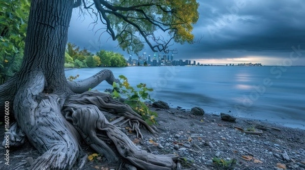 Fototapeta Majestic tree roots on lakeshore with city skyline and stormy sky.