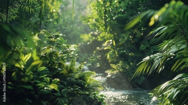 Fototapeta Serene jungle scene with a clear stream surrounded by dense greenery, sunlight streaming through the foliage, and a tranquil rainforest atmosphere.