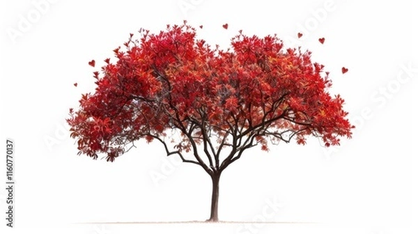 Fototapeta A radiant red tree with charming heart-shaped leaves, its vibrant presence embodying love and nature elegance, set against a clean white background