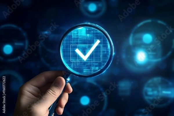 Fototapeta a Digital Checkmark, Quality control certification symbol under a magnifying glass, businessman hand holding the glass Checkmark, Representing Approval and Success	