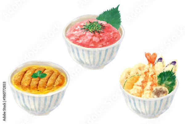 Obraz 日本の定番どんぶりのイラスト(かつ丼・ねぎとろ丼・天丼)