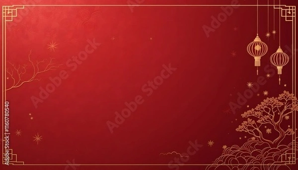Fototapeta Elegant Red Chinese New Year Background with Golden Lanterns and Trees