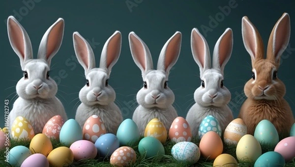 Fototapeta A charming group of spring bunnies gathered together, surrounded by colorful pastel eggs in a delightful outdoor setting, celebrating the joy of the season and new beginnings