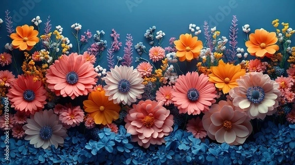 Fototapeta Colorful flowers in 3D art create a textured pattern with a blue background, suitable for abstract design and illustration