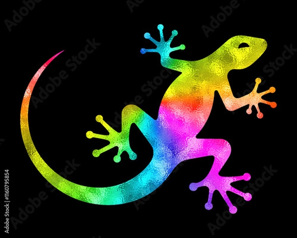 Fototapeta トカゲの虹色グラデーションのシルエットイラスト　黒背景の切り抜き