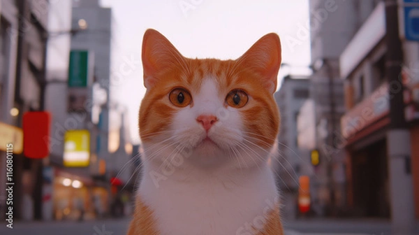 Fototapeta A close-up of a curious orange and white cat in an urban setting, gazing intently at the viewer with a blurred city background.