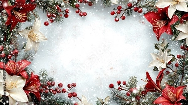 Fototapeta Festive Dragon-Themed Frame with Christmas Flowers, Berries, and Snowflakes for Fantasy Artwork and Holiday Decor