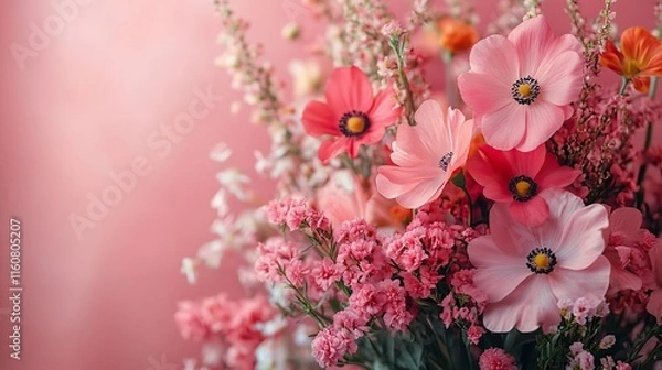 Fototapeta Flowers in a vase against a pink background create an abstract floral artwork, suitable for wallpaper, posters, or decoration
