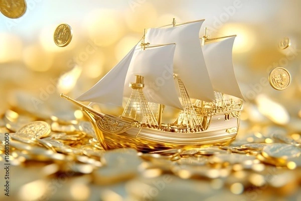 Obraz A golden ship with gold coins floating in the air, with an overall background of light yellow and gold colors. The sail is covered by large shiny metal coins that float around it