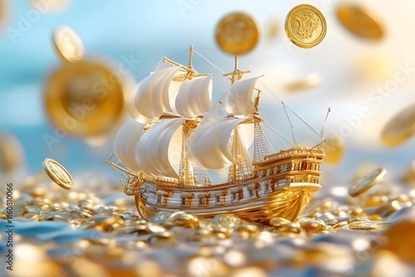 Obraz A golden ship with gold coins floating in the air, with an overall background of light yellow and gold colors. The sail is covered by large shiny metal coins that float around it
