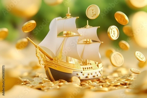 Obraz A golden ship with gold coins floating in the air, with an overall background of light yellow and gold colors. The sail is covered by large shiny metal coins that float around it