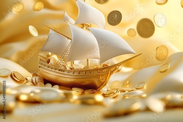 Fototapeta A golden ship with gold coins floating in the air, with an overall background of light yellow and gold colors. The sail is covered by large shiny metal coins that float around it