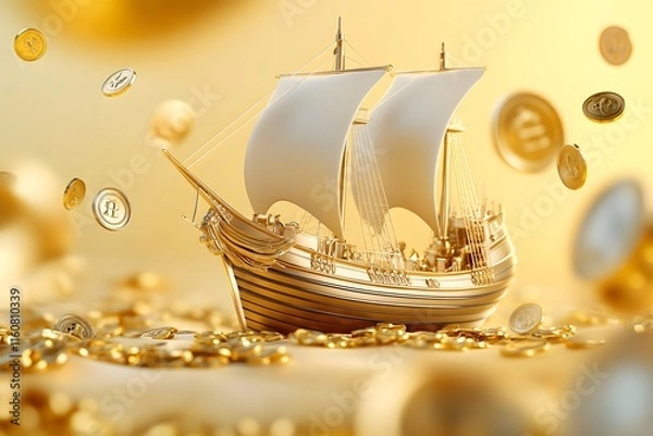 Obraz A golden ship with gold coins floating in the air, with an overall background of light yellow and gold colors. The sail is covered by large shiny metal coins that float around it