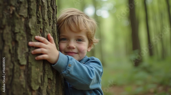 Fototapeta Earth Day, Little Boy Child Hugging Tree in Forest or National Park, Nature and Environment 