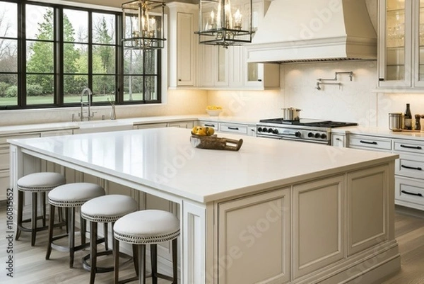 Fototapeta Modern kitchen with elegant design featuring white cabinets and a large island, perfect for cooking and gatherings.