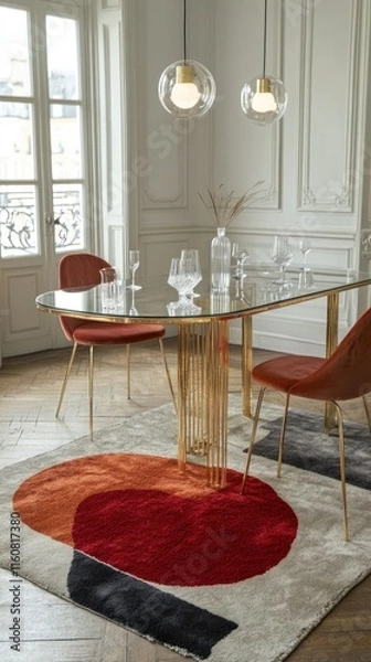 Fototapeta A chic dining area features a geometric rug, mirrored table, and elegant lighting for a refined ambiance