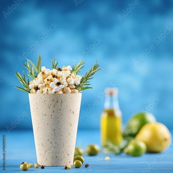 Obraz Chilled oat milkshake with rosemary and oat topping in tall glass against a blue gradient background for a minimalist drink stock image
