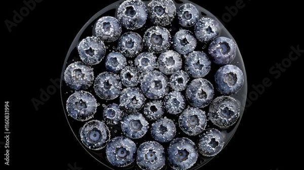 Fototapeta Top view of fresh blueberries coated in sugar on a dark background.
