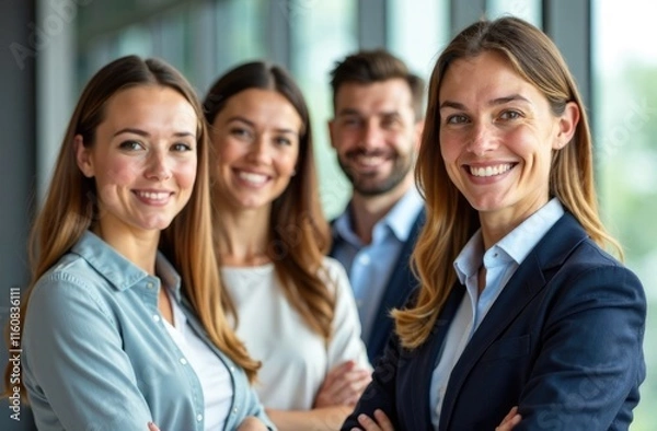 Obraz A team consisting of women and men of different ages, free space for text on the side
