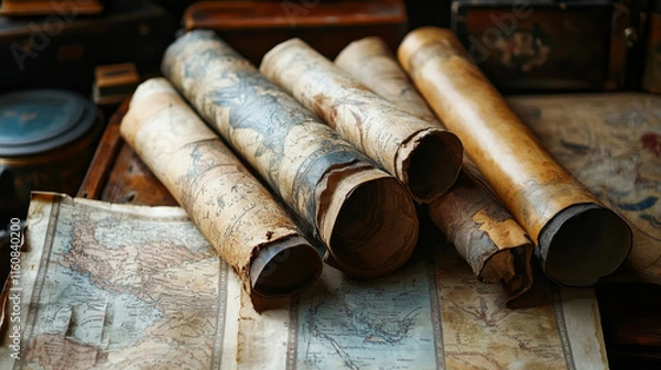 Fototapeta Vintage paper scroll, old manuscript, ancient treasure map parchment, antique papyrus. Isolated vector time-worn relics or artifacts evoke a sense of history, mystery, adventure, and weight of time