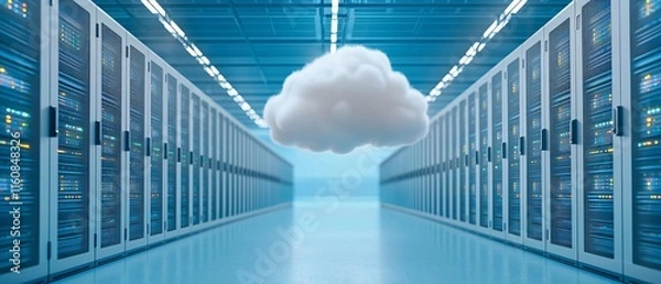 Obraz Digital footprint. Cloud computing concept with servers and a floating cloud in a modern data center.