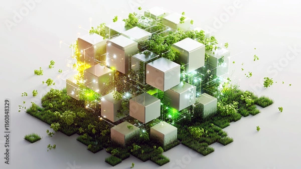 Fototapeta Future cubes, digital data streams and plants. Integration of technology and ecology. Environment, Society and governance