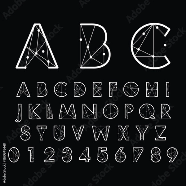 Obraz Architect alphabet, blueprint geometric letters, construction plan font for engineering logo, drafting project headline, building floor plan typography, CAD typo graphic. Vector typographic design
