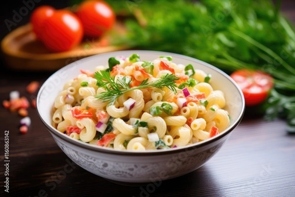 Fototapeta Delicious homemade macaroni salad with tomato onion celery and parsley