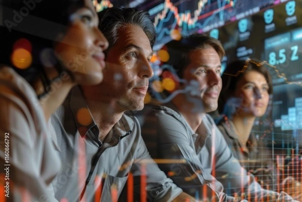 Fototapeta Global business collaboration with forex analysis in double exposure portrait.