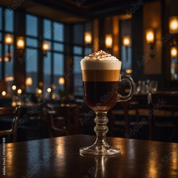 Fototapeta A high-end restaurant setting featuring an Irish coffee glass on a polished table with ambient candlelight.