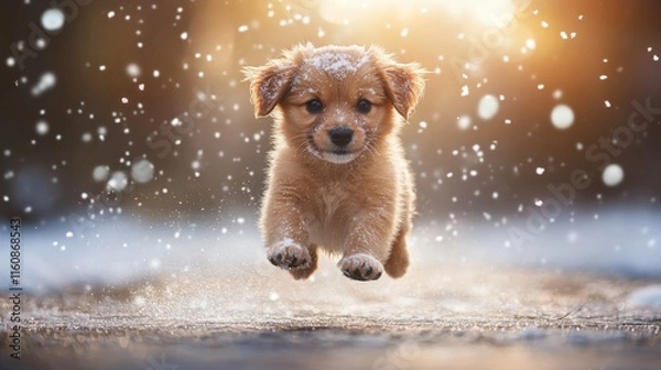 Fototapeta Adorable puppy jumping in snowflakes during winter sunset glow