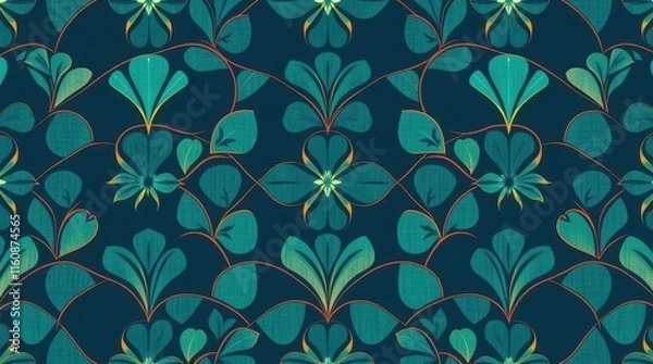 Fototapeta A vibrant floral pattern with intricate teal motifs on a dark background, creating a visually appealing design suitable for various applications.